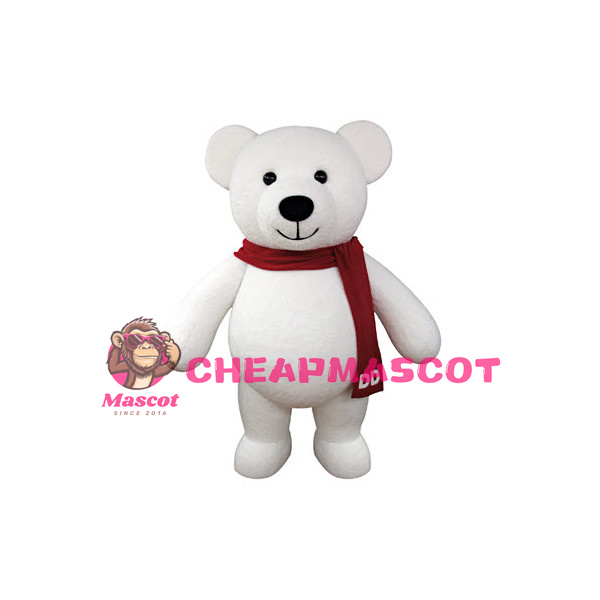 White Teddy Bear With Red Scarf Mascot Costume