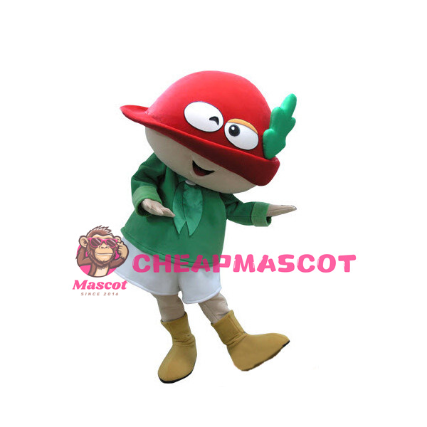 Smiling Doll Wearing Red Bowler Hat Mascot Costume