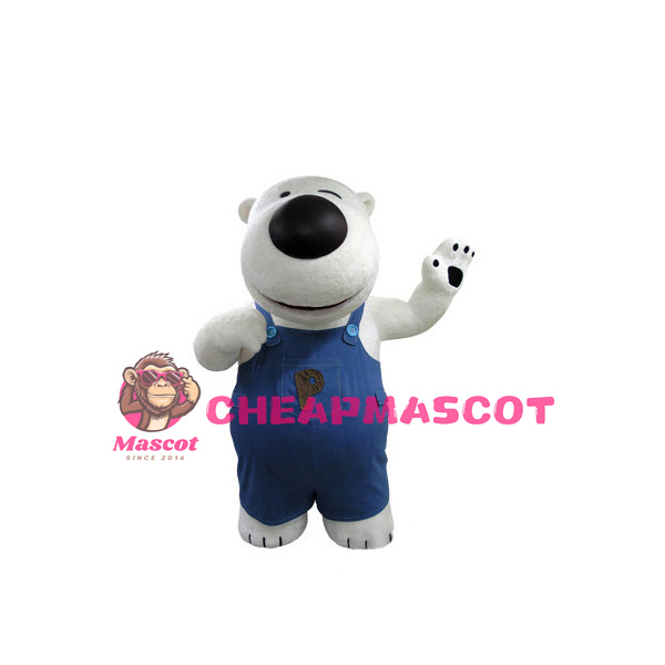 Fat White Bear With Overalls Mascot Costume