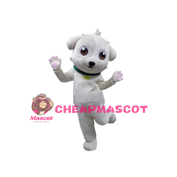 White Dog With Green Collar Mascot Costume