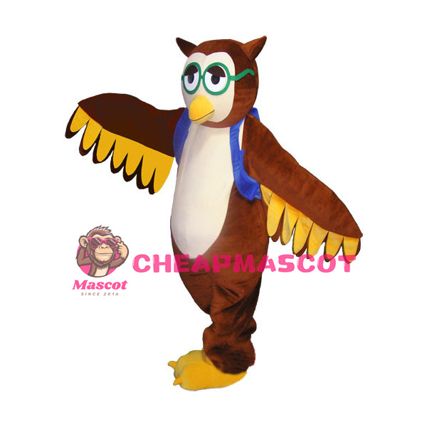 Brown Owl With Green Glasses And Blue Bag Mascot Costume