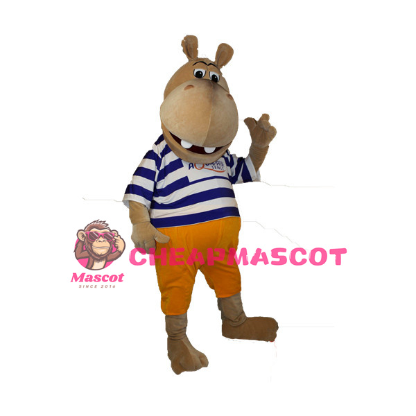 Cartoon Smiling Hippo In Striped Shirt Mascot Costume