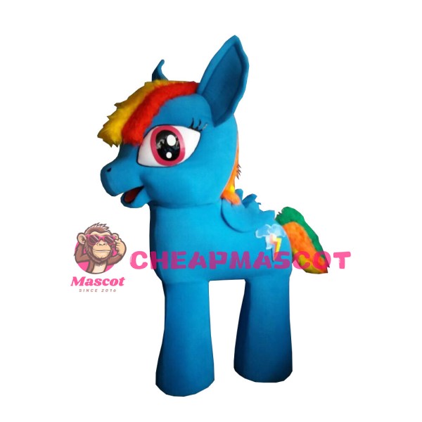 Blue Cartoon Pony With Colorful Tail Mascot Costume