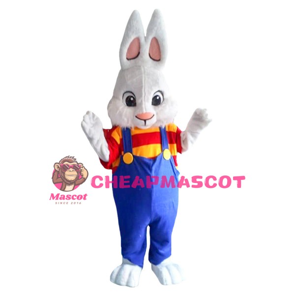 Pointed Ears Rabbit Wearing Blue Overalls Mascot Costume