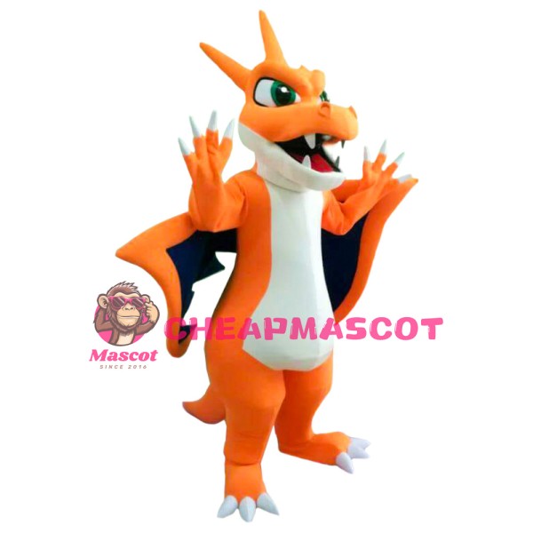 Greasy Orange Dragon With Green Eyes Mascot Costume