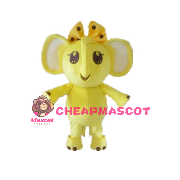 Cute Cartoon Yellow Elephant With Yellow Bow Hairpin Mascot Costume