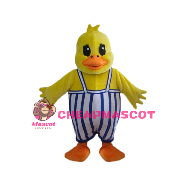 Fat Cartoon Yellow Duck In Striped Overalls Mascot Adult Costume 