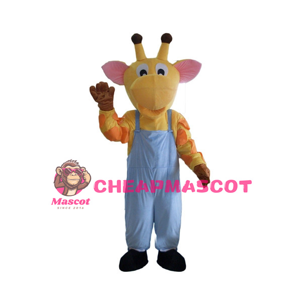 Adult Cartoon Yellow Giraffe Wearing Blue Overalls Mascot Costume 