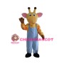 Adult Cartoon Yellow Giraffe Wearing Blue Overalls Mascot Costume 