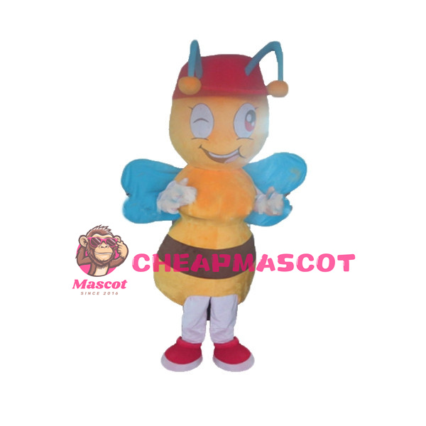 Cute Cartoon Honeybee In Red Hat Mascot Adult Costume 