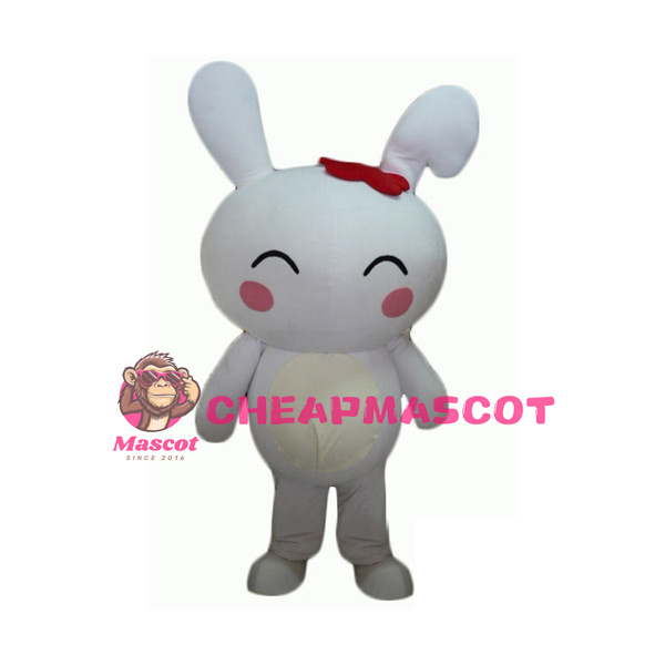 Cute Cartoon White Rabbit With Red Hairpin Mascot Adult Costume 