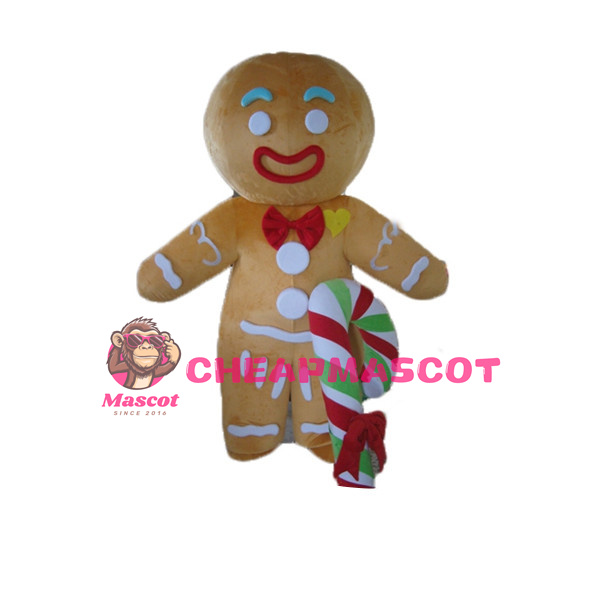 Adult Size Light Brown Gingerbread Man With Candy Cane Mascot Costume 