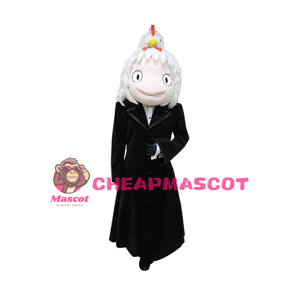 Lady Wearing White Chicken Hat Mascot Costume