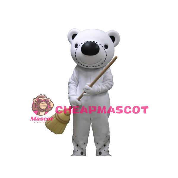 Cartoon White Bear With Broom Mascot Adult Costume