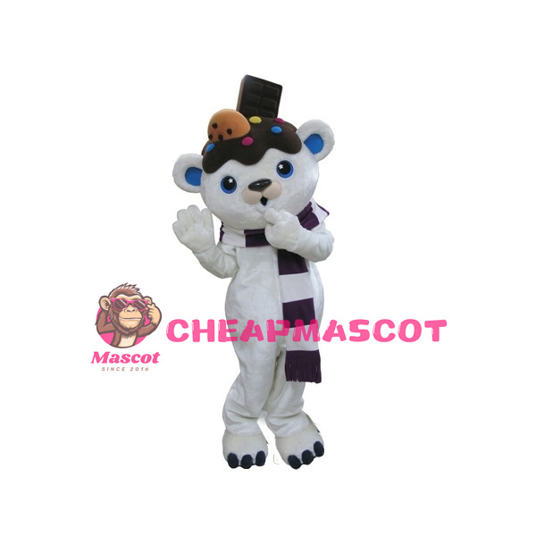 Adult Cute White Bear With Chocolate On Head Cartoon Mascot Costume