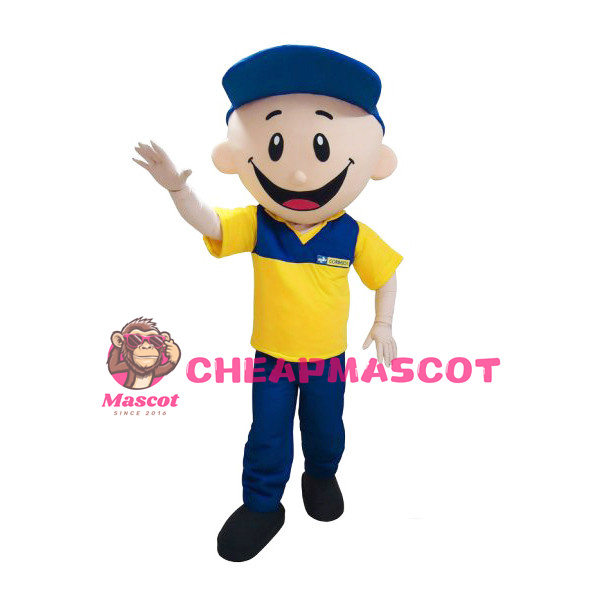 Smiling Boy In Blue Hat Mascot Adult Costume