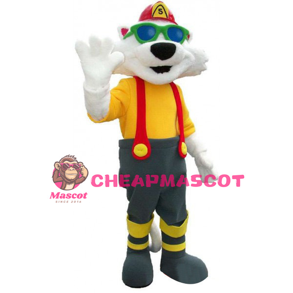 Fireman White Cat Mascot Costume