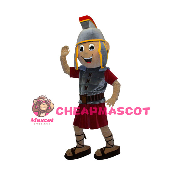 Friendly Gray & Red Warrior Mascot Costume 
