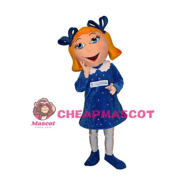 Girl In Blue Dress With Ponytail Mascot Adult Costume 