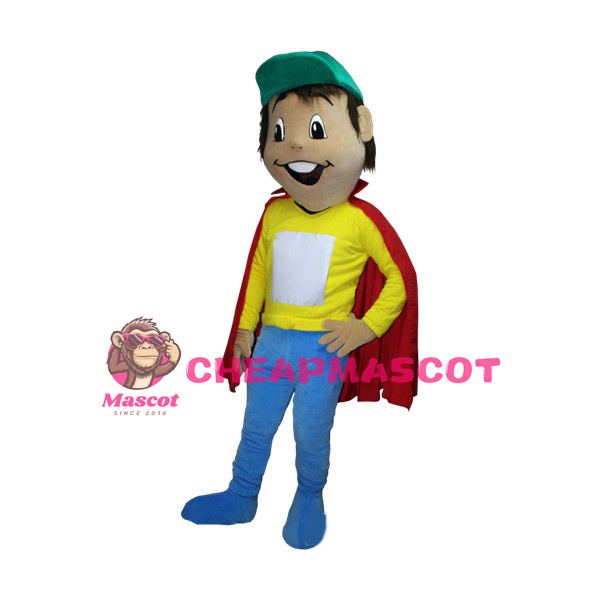 Smiling Boy In A Green Cap Wearing A Red Cloak Mascot Adult Costume 