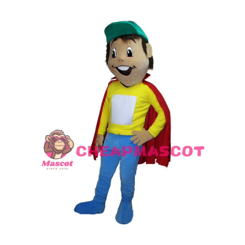 Smiling Boy In A Green Cap Wearing A Red Cloak Mascot Adult Costume 