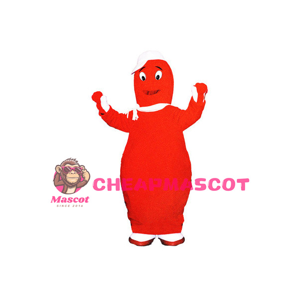 Red Snowman Wearing A White Cap Mascot Costume