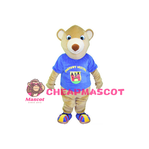 Khaki Bear Wearing Blue Short Sleeves Mascot Adult Costume