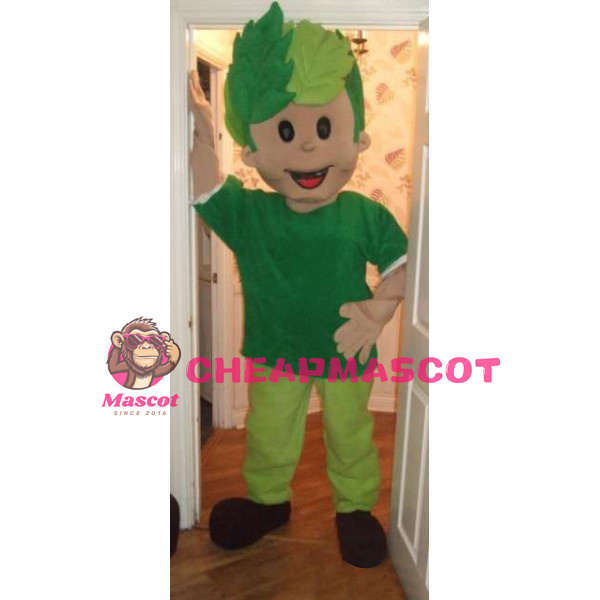 Smiling Green Leaf Boy Mascot Adult Costume