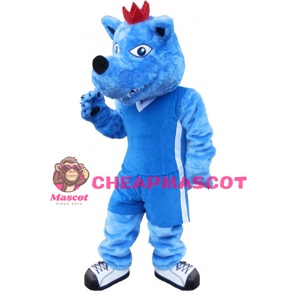 Adult Plush Blue Wolf Wearing A Red Crown Mascot Costume
