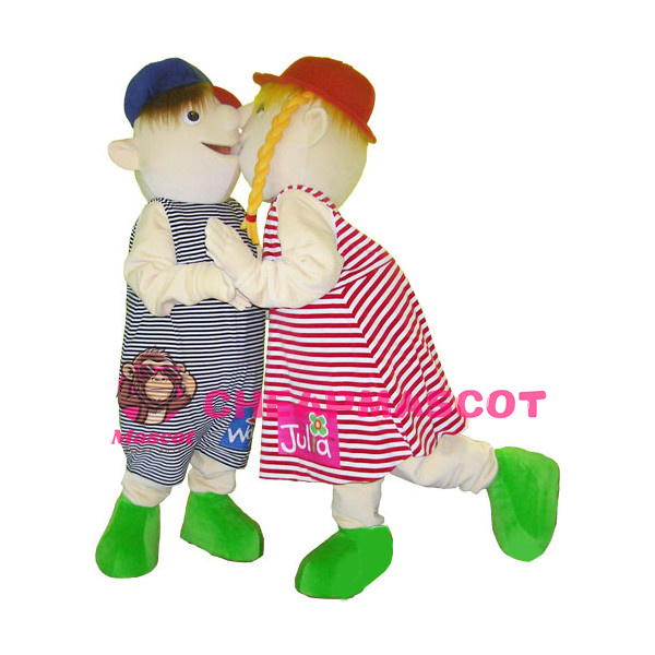 Boy In Blue Hat & Girl In Red Hat Mascot Costume Striped Couple Suit