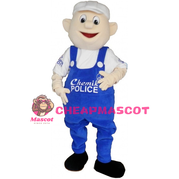 Boy In White Hat And Blue Overalls Mascot Costume 