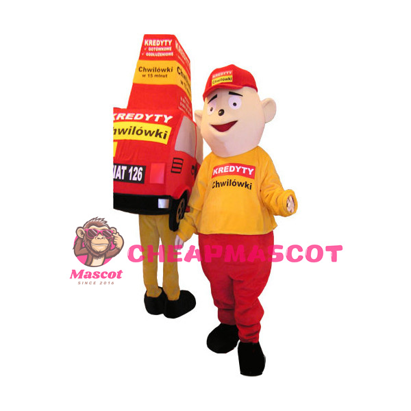 Boy In Red Hat And His Red Shopping Cart Mascot Costume 