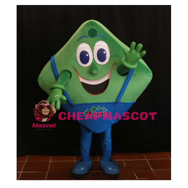Smiling Cartoon Green Square In Overalls Mascot Costume
