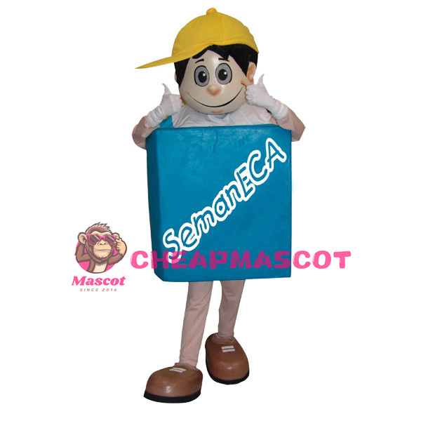 Boy With A Blue Sign On His Chest Mascot Costume