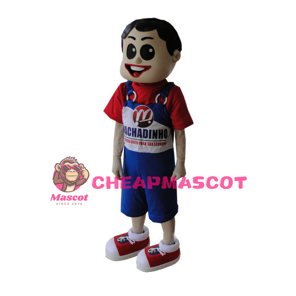 Boy Wearing Blue Overalls Mascot Costume 