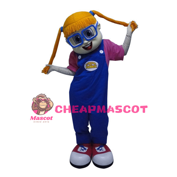Cute Girl With Blue Glasses Mascot Costume 