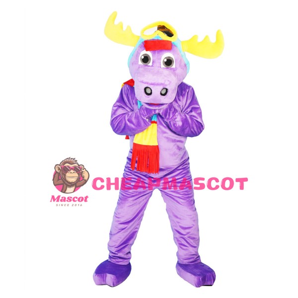 Purple Moose Wearing Colorful Scarf Mascot Costume
