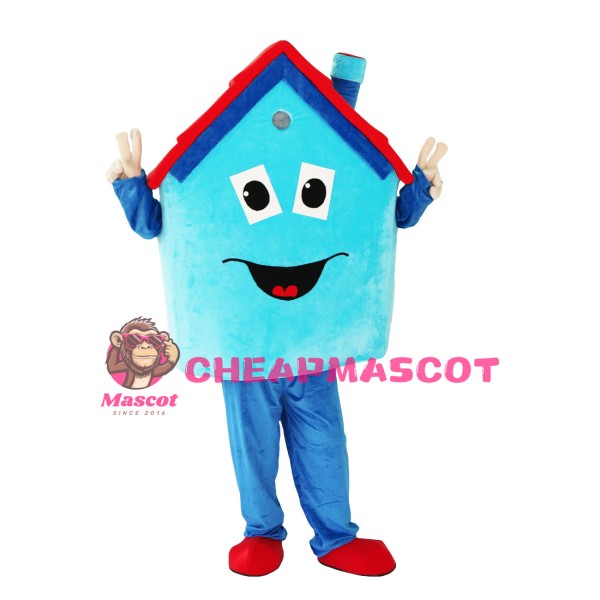 Blue House With Red Roof Mascot Costume