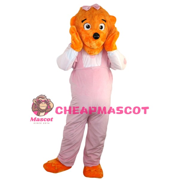 Orange Dog With Pink Overalls Mascot Costume