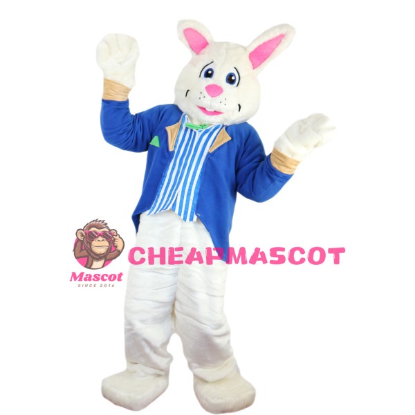 Gentle Rabbit With Blue Coat Mascot Costume
