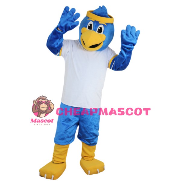Blue Bird Wearing Yellow Headband Mascot Costume