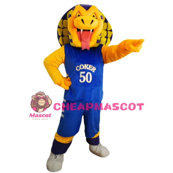 Scary Yellow Boa With Blue Sports Set Mascot Costume