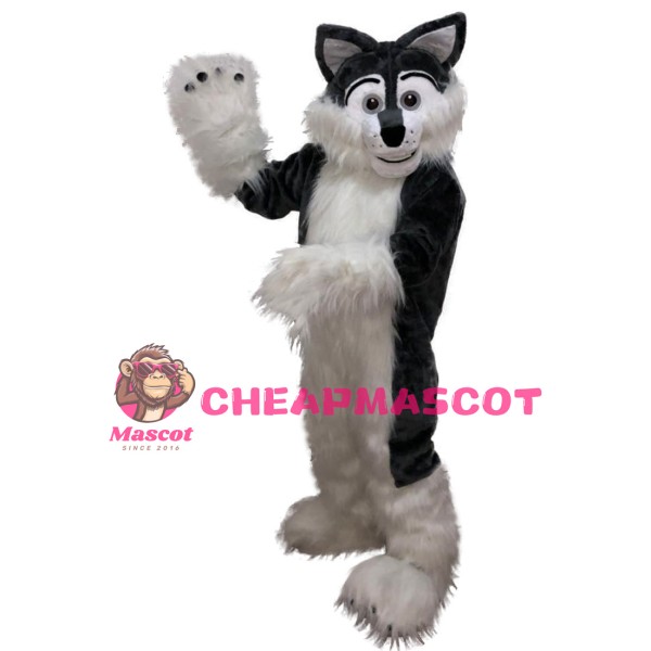 Black & White Long Fur Wolf Mascot Costume