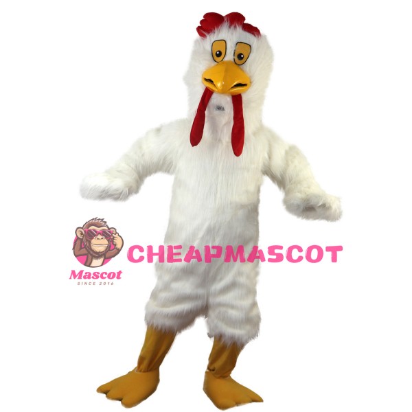 Thinking White Long Fur Chicken Mascot Costume