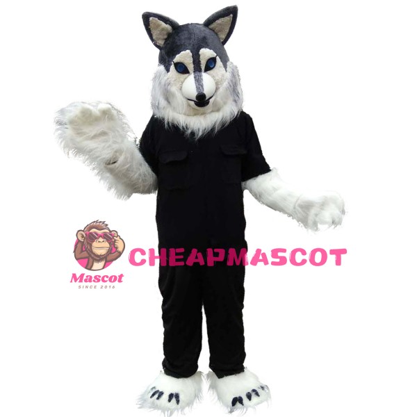 Long Fur White Wolf In Black Set Mascot Costume