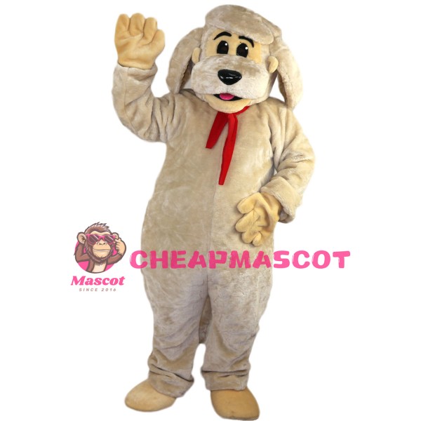 Khaki Dog Wearing Red Scarf Mascot Costume