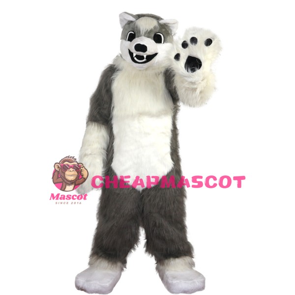 Hairy Grey & White Wolf Mascot Costume