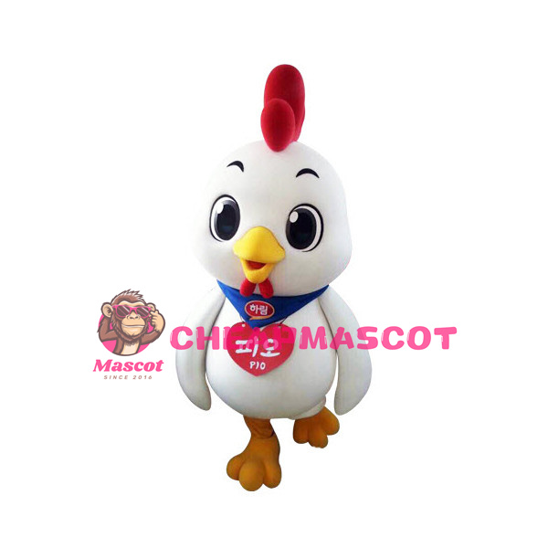 Cartoon White Chicken With Blue Scarf Mascot Costume