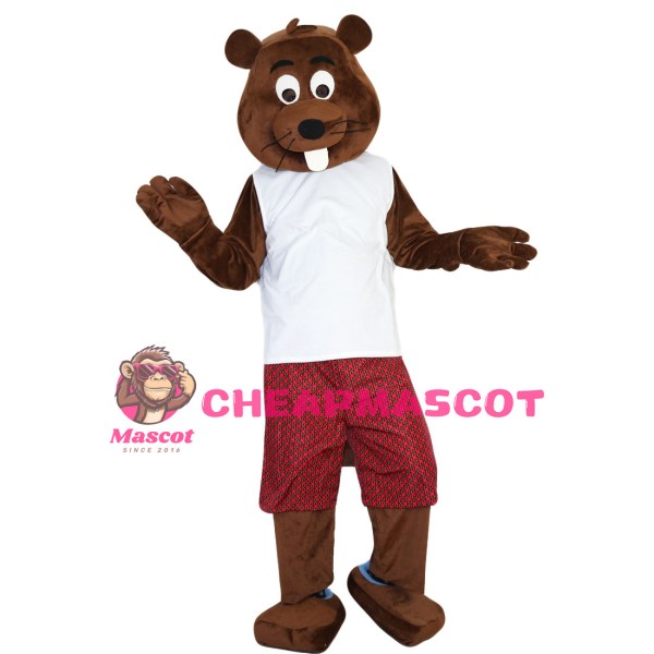 Brown Beaver With White Vest Mascot Costume