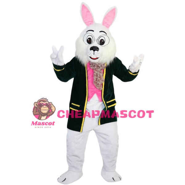 Learned White Rabbit Wearing Black Coat Mascot Costume